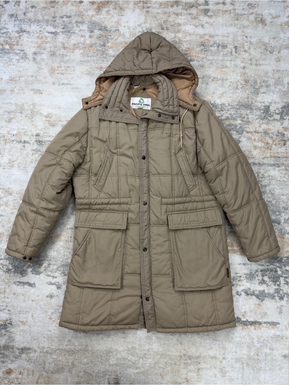 Vintage 80s Pacific Trail Men’s L Insulated Parka Coat Tan Removable Hood Korea
